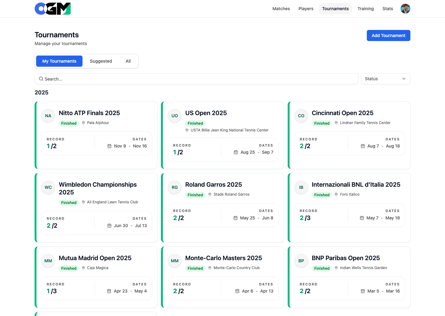 Pantalla de consulta de datos oficiales y públicos de tenis con resultados y fichas