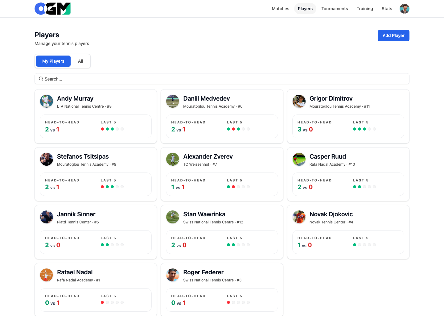 Vista de perfil de jugador con balance head to head y actividad reciente