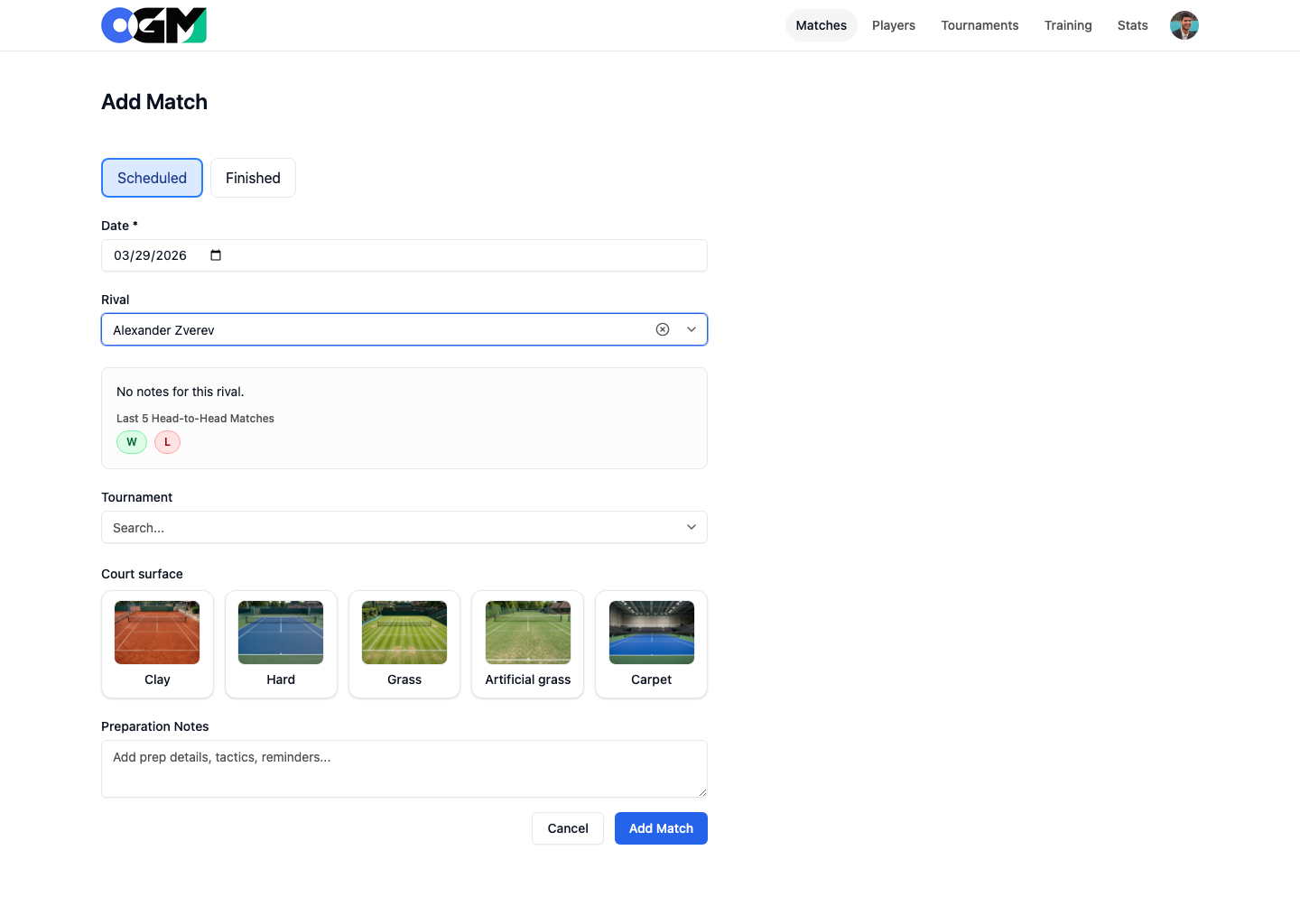 Vista de preparación de rival con notas tácticas y checklist previo al partido